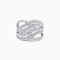 The Classique 14K White Gold Diamond Waves Ring features a wide band with an intricate crisscross design, adorned with baguette-cut and round brilliant diamonds totaling 1.66 TCW, set in white gold.