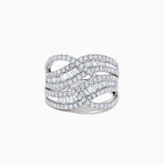 The Classique 14K White Gold Diamond Waves Ring features a wide band with an intricate crisscross design, adorned with baguette-cut and round brilliant diamonds totaling 1.66 TCW, set in white gold.