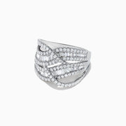 The Classique 14K White Gold Diamond Waves Ring features a wide band with an intricate crisscross design, adorned with baguette-cut and round brilliant diamonds totaling 1.66 TCW, set in white gold.
