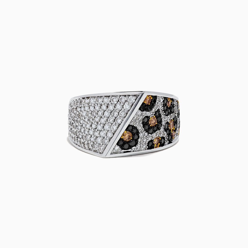 The 14K 2-Tone Gold Black, Espresso and White Diamond Ring (1.67 TCW) features half encrusted with white diamonds and half with a black background adorned with brown and white diamond clusters in a spotted pattern.