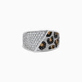 The 14K 2-Tone Gold Black, Espresso and White Diamond Ring (1.67 TCW) features half encrusted with white diamonds and half with a black background adorned with brown and white diamond clusters in a spotted pattern.