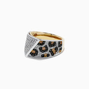 The 14K 2-Tone Gold Black, Espresso and White Diamond Ring (1.67 TCW) features half encrusted with white diamonds and half with a black background adorned with brown and white diamond clusters in a spotted pattern.