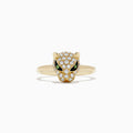 The Signature 14K Yellow Gold Diamond and Tsavorite Panther Ring, 0.47 TCW, features a panther head adorned with white diamonds and vivid tsavorite gemstone eyes, displayed on a plain white background.