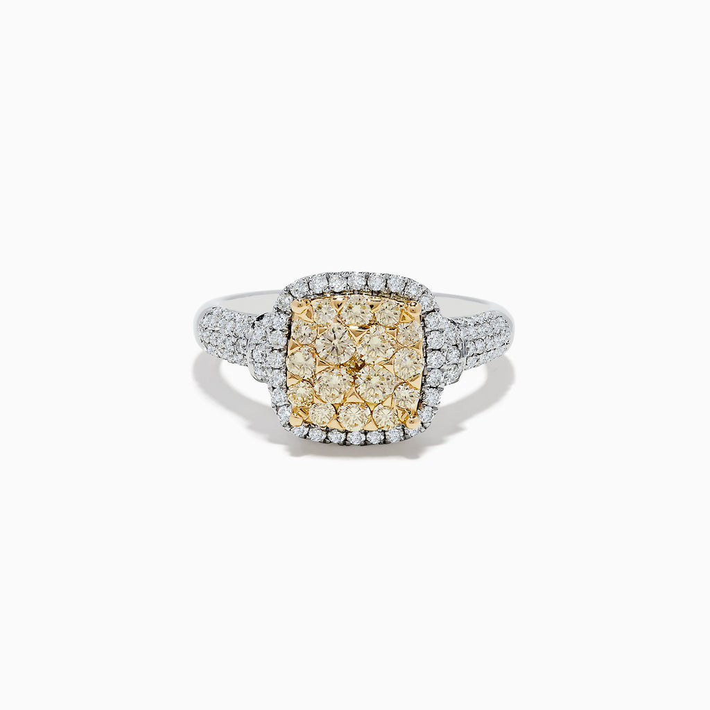 The Canare Two Tone Gold Cushion Shaped Cluster Yellow Diamond Ring 1.19 TCW features a vibrant yellow diamond cluster at the center, framed by white diamonds and accented with more diamonds along the band.