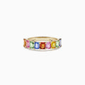The Watercolors 14K Yellow Gold Multi Sapphire Ring, 2.22 TCW, showcases a row of rectangular pink, blue, green, yellow, and orange sapphires in a continuous band design.