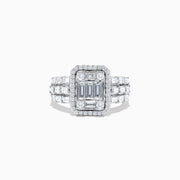 The Classique 14K White Gold Diamond Ring features a rectangular cluster of baguette diamonds, a diamond halo, and square-set diamonds on the band, offering timeless elegance.