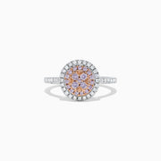 The 14K Two Tone Gold Pink and White Diamond Ring, 0.57 TCW, features a central pink diamond cluster surrounded by double white diamond halos and diamond accents along the band.