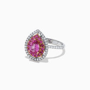 The 14K White Gold Pink Sapphire and Diamond Ring, 1.85 TCW, features a teardrop-shaped pink sapphire center with a double halo of pink and white diamonds on a sleek white gold band.