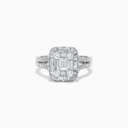 The Classique 14K White Gold Diamond Ring features a large rectangular cluster of emerald-cut and round diamonds, with additional diamonds along the split shank band, set against a white background.
