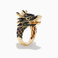 The Mens 14K Yellow Gold Tsavorite and Black Diamond Dragon Ring features a dragons head and neck with green enamel, black diamond accents, and tsavorite details highlighting the open mouth for a striking look.