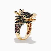 The Mens 14K Yellow Gold Tsavorite and Black Diamond Dragon Ring features a dragons head and neck with green enamel, black diamond accents, and tsavorite details highlighting the open mouth for a striking look.