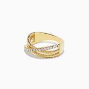 The Doro 14K Yellow Gold Diamond Crossover Ring features three overlapping bands—one plain, one diamond-studded, and one twisted rope—set against a white background.