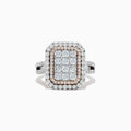 The Bouquet Two Tone Gold Diamond Ring features a rectangular diamond center with multiple rows of round diamonds, rose gold accents, and a two-tone gold band.