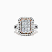 The Bouquet Two Tone Gold Diamond Ring features a rectangular diamond center with multiple rows of round diamonds, rose gold accents, and a two-tone gold band.