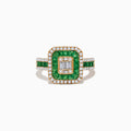The Brasillica 14K Yellow Gold Emerald and Diamond Ring features a square emerald arrangement, two rows of white diamonds, a central rectangular diamond cluster, and a band with alternating emeralds and diamonds.