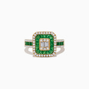 The Brasillica 14K Yellow Gold Emerald and Diamond Ring features a square emerald arrangement, two rows of white diamonds, a central rectangular diamond cluster, and a band with alternating emeralds and diamonds.