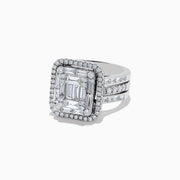 The Classique 14K White Gold Diamond Cocktail Ring, 1.92 TCW, showcases rectangular baguette-cut and round diamonds in two rows on a triple-split band, beautifully displayed on a white background.