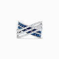 The 14K White Gold Blue Sapphire and Diamond Criss Cross Ring features an intricate, layered design with shimmering blue sapphires and rows of sparkling white diamonds.