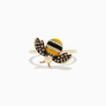 The 14K Yellow Gold Diamond and Enamel Bee Ring features a whimsical bee design, its yellow, black, and diamond-striped body accented by outstretched wings adorned with petite brown stones. This striking piece seamlessly blends playful charm with sparkling elegance in shining yellow gold.