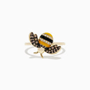 The 14K Yellow Gold Diamond and Enamel Bee Ring features a whimsical bee design, its yellow, black, and diamond-striped body accented by outstretched wings adorned with petite brown stones. This striking piece seamlessly blends playful charm with sparkling elegance in shining yellow gold.