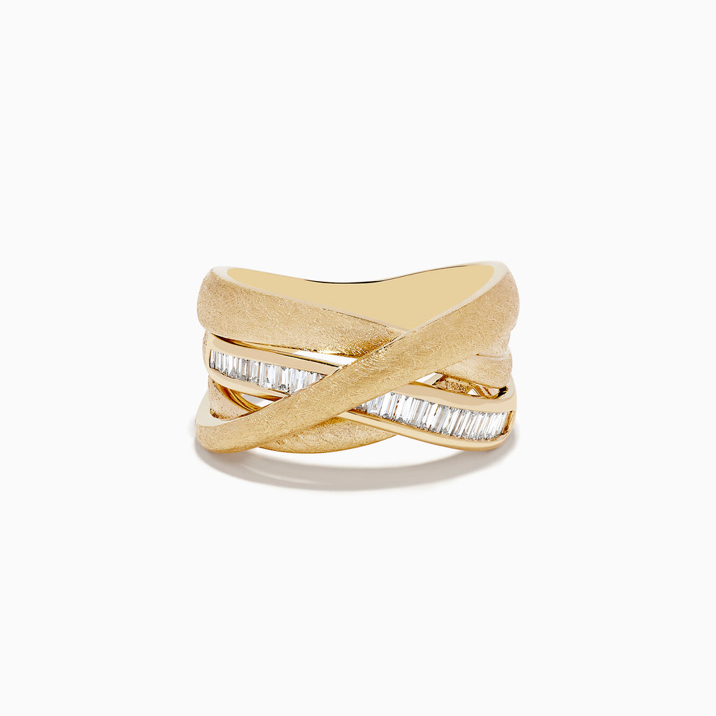 The DOro 14K Brushed Yellow Gold Diamond Crossover Ring features a wide crisscross band with diagonally set baguette-cut diamonds totaling 0.39 TCW.