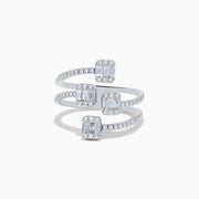The Classique 14K White Gold Diamond Ring features three spiral bands with square clusters of baguette-cut diamonds and round diamonds along each band, all beautifully set in polished white gold.