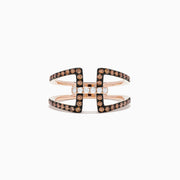 The 14K Rose Gold Espresso and White Diamond Fashion Ring features two parallel horizontal bars linked by vertical bands, accented with glittering espresso and white diamonds in a wide, open-style design.