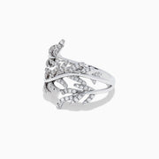 The Pave Classica 14K White Gold Diamond Wrapped Leaf Ring showcases overlapping leaf motifs set with 0.62 TCW diamonds, elegantly displayed against a plain white background.