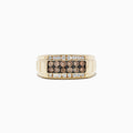 Mens 14K Yellow Gold Espresso and White Diamond Ring, 0.96 TCW, featuring two rows of white gemstones and two rows of espresso and white diamonds at the center, shown on a white background.
