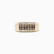 Mens 14K Yellow Gold Espresso and White Diamond Ring, 0.96 TCW, featuring two rows of white gemstones and two rows of espresso and white diamonds at the center, shown on a white background.