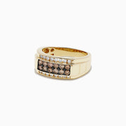 Mens 14K Yellow Gold Espresso and White Diamond Ring, 0.96 TCW, featuring two rows of white gemstones and two rows of espresso and white diamonds at the center, shown on a white background.