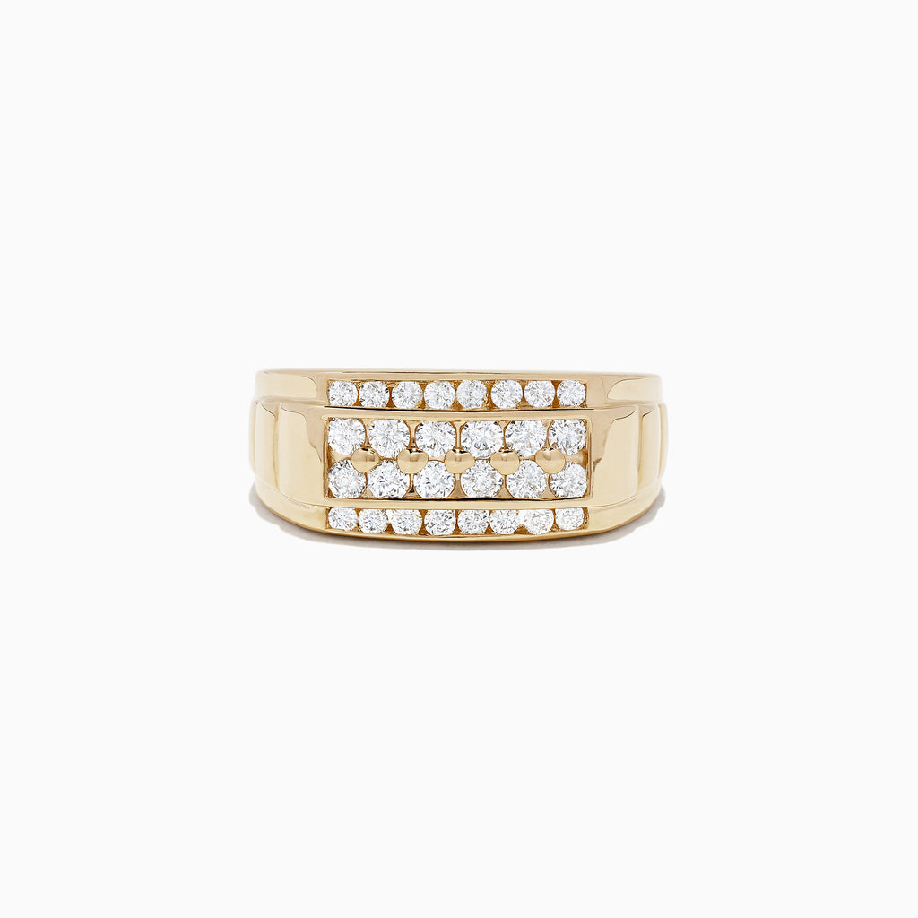 This Mens 14K Yellow Gold Diamond Ring features a wide band with two horizontal diamond rows (0.96 TCW), showcasing a geometric design and polished finish for striking elegance.