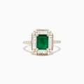 The Brasilica 14K Yellow Gold Emerald and Diamond Ring, 2.00 TCW, features a rectangular green emerald center framed by baguette and round diamonds, plus diamond accents on the band, shown elegantly on a white background.