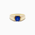 The Nahla Siri 14K Yellow Gold Tanzanite Ring features a wide band and a single round blue gemstone at the center, displayed on a white background.