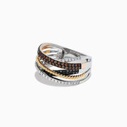 The 14K Tri-Color Gold Black, Brown and White Diamond Ring, 0.38 TCW features intertwined yellow, white (with clear diamonds), and rose gold (with brown stones), accented with black stones for a layered diamond ring look.