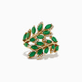 The Brasilica 14K Yellow Gold Emerald and Diamond Ring, 2.78 TCW, features an openwork leafy branch design set with marquise-shaped emeralds and small round diamonds.