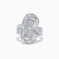The Classique 14K White Gold Diamond Knot Ring, 1.67 TCW, features an intricate, swirling design with baguette and round-cut diamonds, beautifully displayed on a white background.