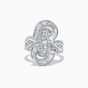 The Classique 14K White Gold Diamond Knot Ring, 1.67 TCW, features an intricate, swirling design with baguette and round-cut diamonds, beautifully displayed on a white background.