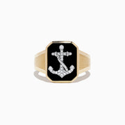 Mens 14K Two Tone Gold Anchor Ring with a rectangular black agate face and diamond-studded anchor design, 1.66 TCW.