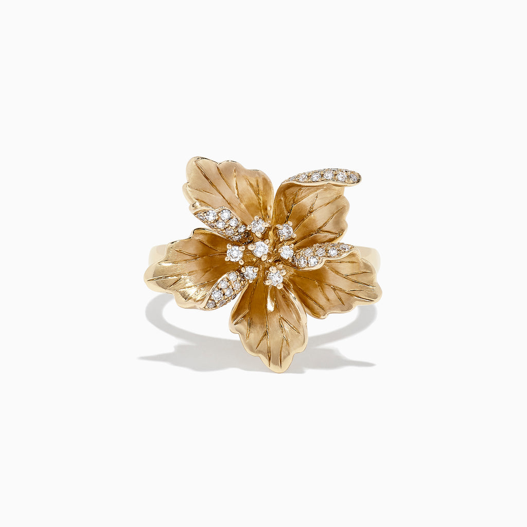 The Nature 14K Yellow Gold Diamond Flower Ring, 0.23 TCW, features detailed petals and sparkling diamond accents at the center and on one petal, displayed on a white background.