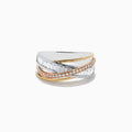 The Trio 14K Three-Tone Gold Diamond Crossover Ring showcases intertwined bands of white, yellow, and rose gold, beautifully set with rows of baguette-cut and round brilliant diamonds.