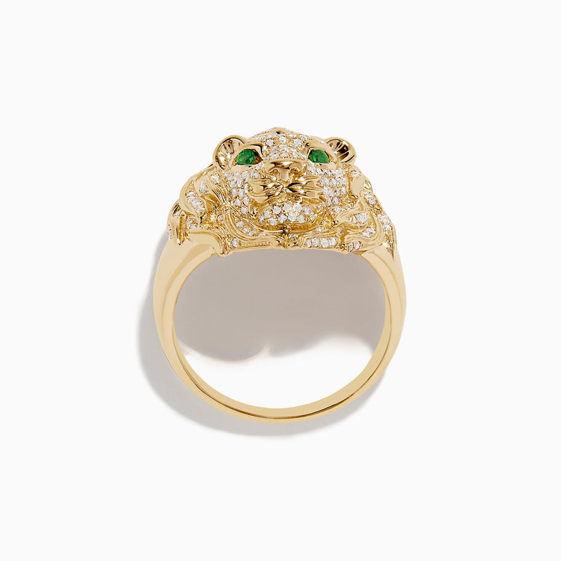 The Mens 14K Yellow Gold Emerald and Diamond Lion Ring features a lions head design with diamond accents and emerald eyes, showcased against a white background.