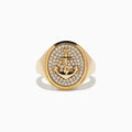The Mens 14K Yellow Gold Diamond Anchor Ring features an oval face with a diamond anchor design set on a matching gemstone background and a smooth, shiny gold band.