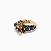 The Mens 14K Yellow Gold Tsavorite and Multi Diamond Dragon Ring features a detailed dragon head and body, black and green enamel scales, tsavorite gem eyes, and an intricate gold openwork pattern on the neck.