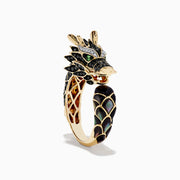 The Mens 14K Yellow Gold Tsavorite and Multi Diamond Dragon Ring features a detailed dragon head and body, black and green enamel scales, tsavorite gem eyes, and an intricate gold openwork pattern on the neck.