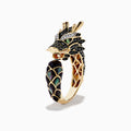 The Mens 14K Yellow Gold Tsavorite and Multi Diamond Dragon Ring features a detailed dragon head and body, black and green enamel scales, tsavorite gem eyes, and an intricate gold openwork pattern on the neck.