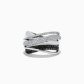 The Caviar 14K White Gold White and Black Diamond Crossover Ring features overlapping bands, some accented with white and black diamonds, creating a striking crisscross pattern against a pristine white gold setting.