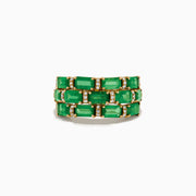 The Brasillica 14K Yellow Gold Diamond and Emerald Ring showcases rectangular green emeralds in two rows, each separated by small round diamond accents, creating a striking grid-like design.