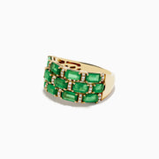 The Brasillica 14K Yellow Gold Diamond and Emerald Ring showcases rectangular green emeralds in two rows, each separated by small round diamond accents, creating a striking grid-like design.