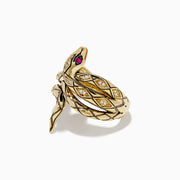 The Safari 14K Yellow Gold Diamond Snake Ring features diamond accents, black enamel details, and pink gemstone eyes, coiled in a lifelike pose.